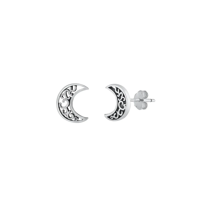 Sterling Silver Oxidized Filigree Moon Stud Earrings