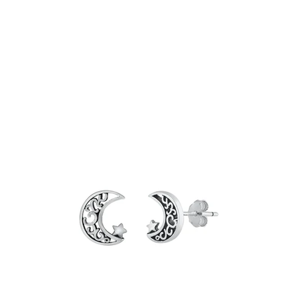 Sterling Silver Oxidized Moon And Star Stud Earrings