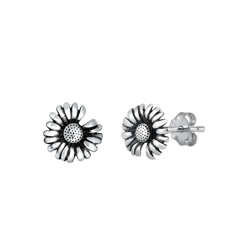Sterling Silver Oxidized Flower Stud Earrings