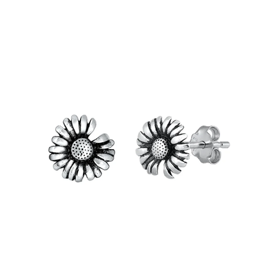 Sterling Silver Oxidized Flower Stud Earrings
