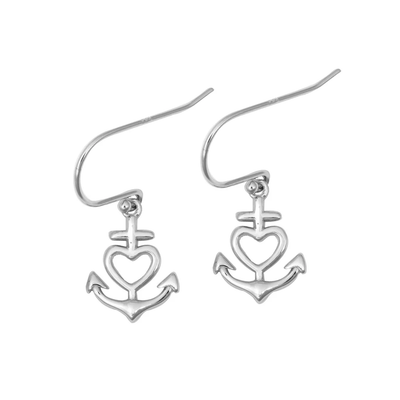 Sterling Silver Rhodium Plated Heart Anchor Earrings