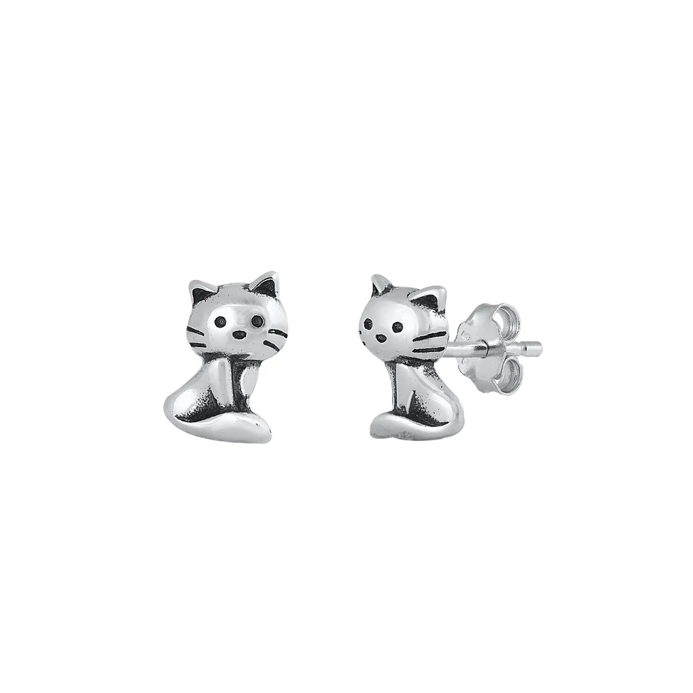 Sterling Silver Oxidized Cat Stud Earrings