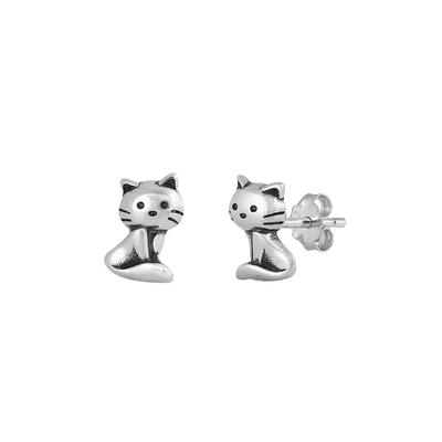 Sterling Silver Oxidized Cat Stud Earrings