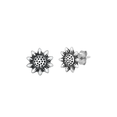Sterling Silver Oxidized Sunflower Stud Earrings