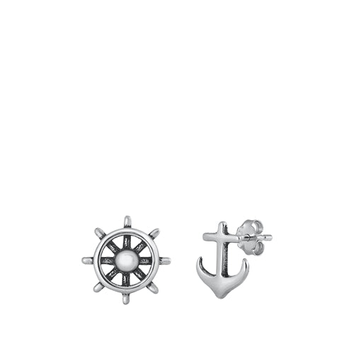 Sterling Silver Oxidized Helm And Anchor Stud Earrings