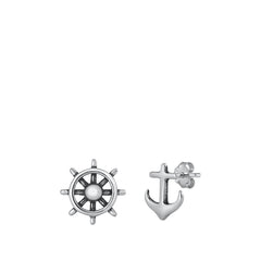 Sterling Silver Oxidized Helm And Anchor Stud Earrings