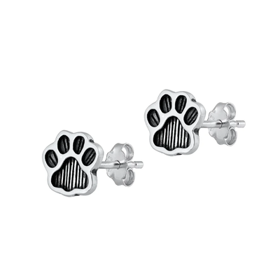 Sterling Silver Oxidized Paw Print Stud Earrings