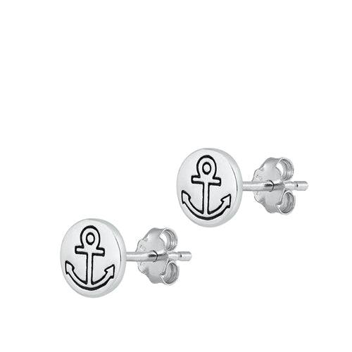 Sterling Silver Oxidized Anchor Stud Earrings