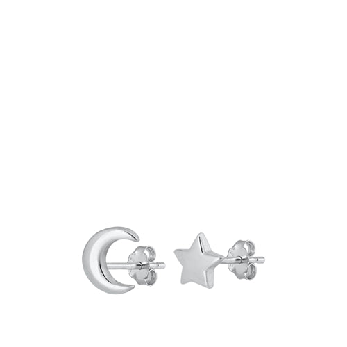 Sterling Silver Oxidized Moon And Star Stud Earrings