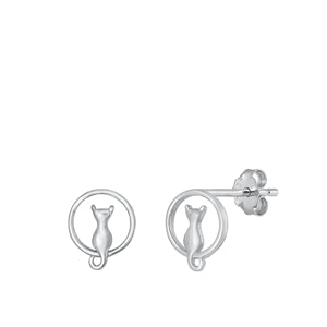 Sterling Silver Rhodium Plated Cat Stud Earrings