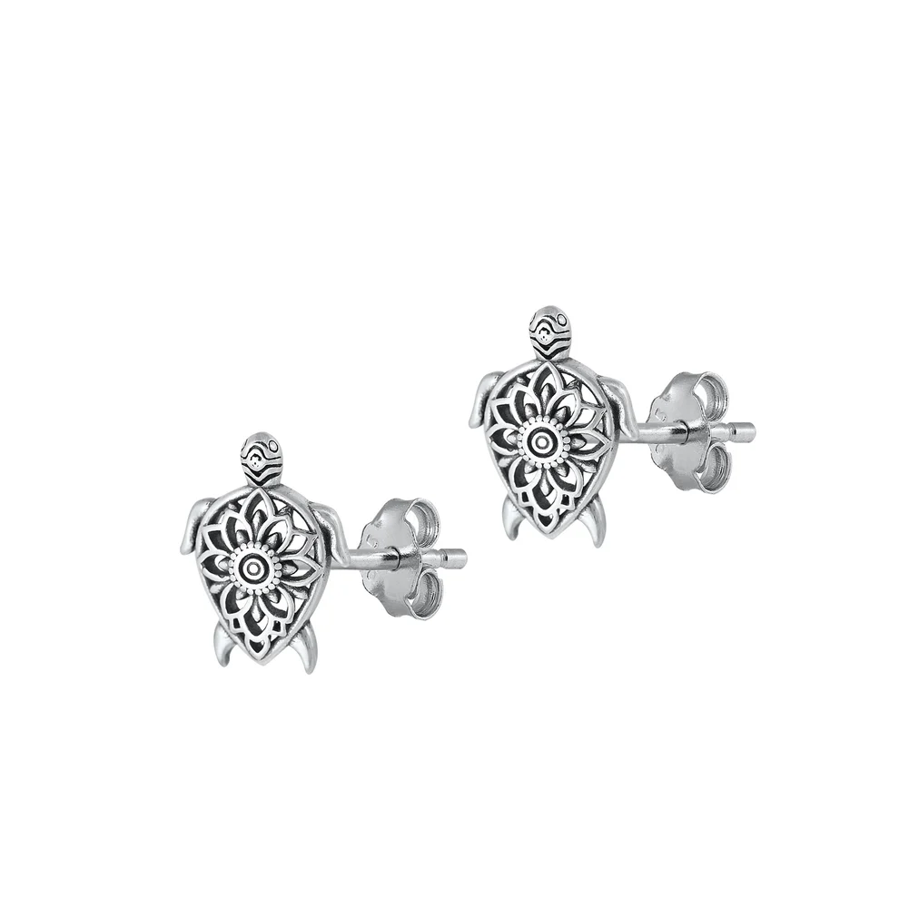 Sterling Silver Oxidized 11.2mm Turtle Stud Earrings