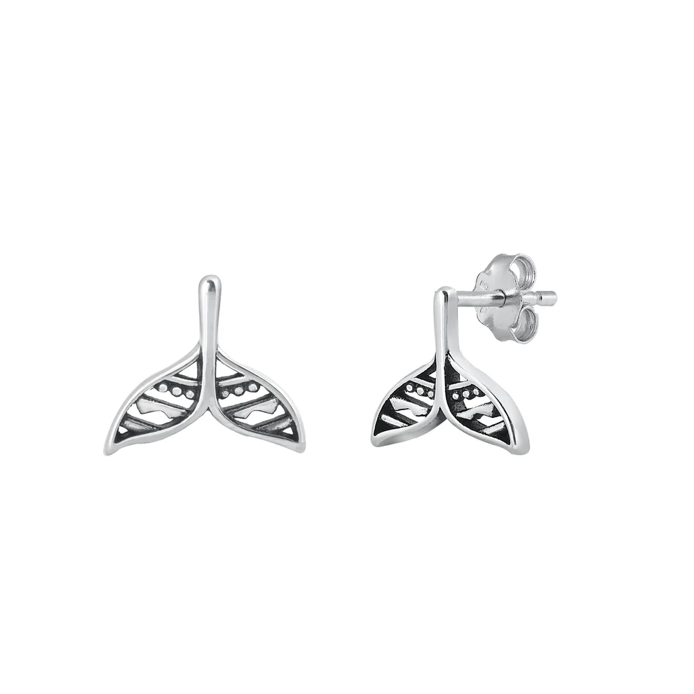 Sterling Silver Oxidized Whale Tail Stud Earrings