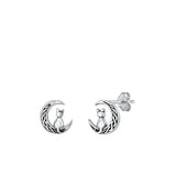 Sterling Silver Oxidized Cat on Celtic Moon Earrings