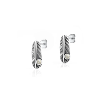 Load image into Gallery viewer, Sterling Silver Oxidized And Polished Feather Moonstone Earrings