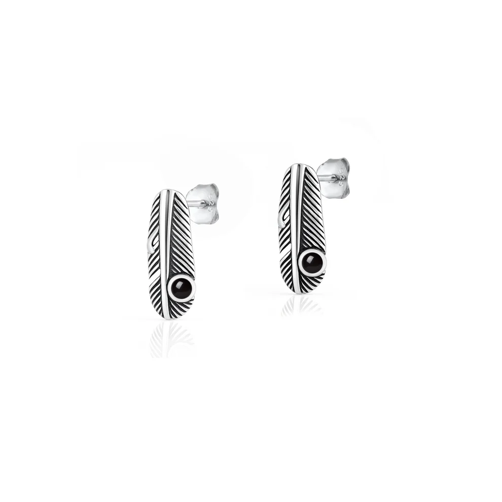 Sterling Silver Oxidized And Polished Black Onyx Stone Feather Earrings