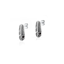 Load image into Gallery viewer, Sterling Silver Oxidized And Polished Black Onyx Stone Feather Earrings