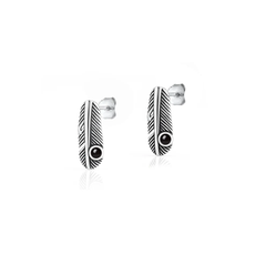 Sterling Silver Oxidized And Polished Black Onyx Stone Feather Earrings