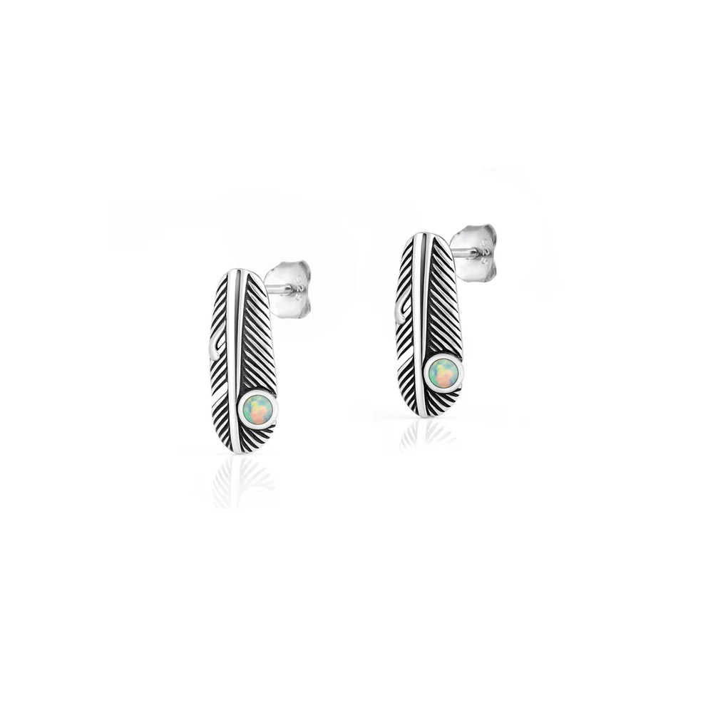 Sterling Silver Oxidized And Polished Feather White Lab Opal Earrings