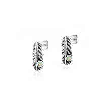 Load image into Gallery viewer, Sterling Silver Oxidized And Polished Feather White Lab Opal Earrings