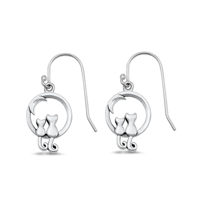 Sterling Silver Oxidized Cats On Moon Assorted Plain Earrings