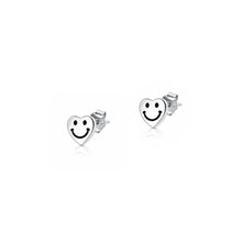 Load image into Gallery viewer, Sterling Silver Oxidized And Polished Happy Face Heart Earrings