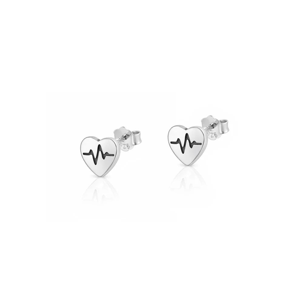 Sterling Silver Polished And Oxidized Heart EKG Earrings