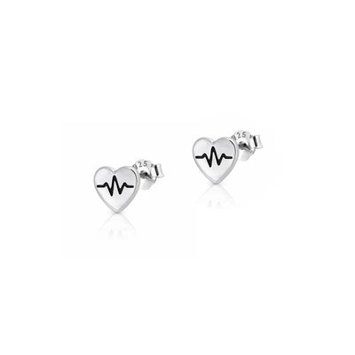 Sterling Silver Oxidized And Polished 6mm Heart EKG Earrings