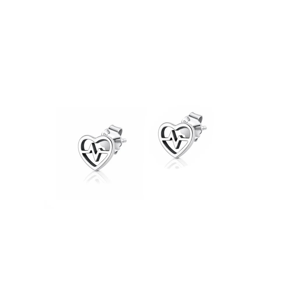 Sterling Silver Oxidized And Polished Heart EKG 6mm Earrings
