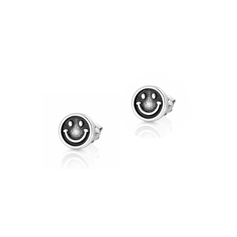 Sterling Silver Oxidized And Polished 6mm Happy Face Earrings