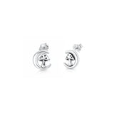 Sterling Silver Oxidized And Polished 8.7mm Moon And Mushroom Earrings