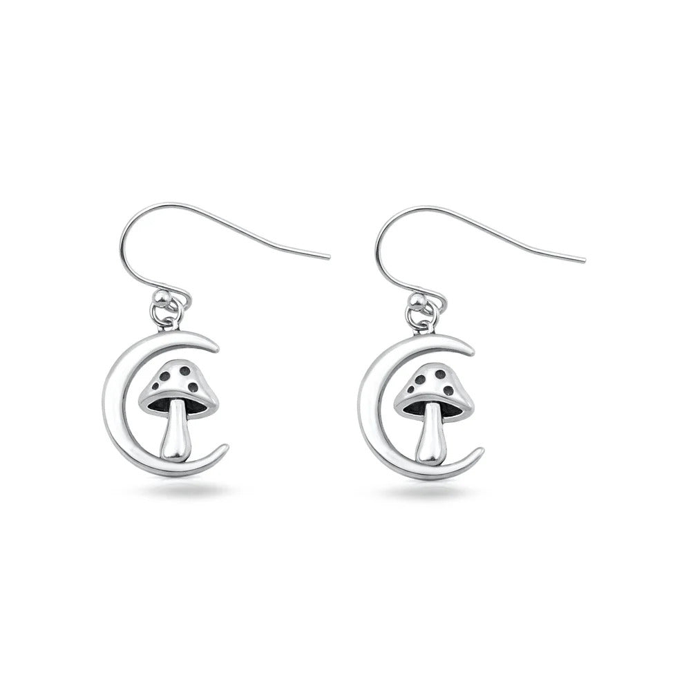 Sterling Silver Oxidized And Polished Moon And Mushroom Earrings