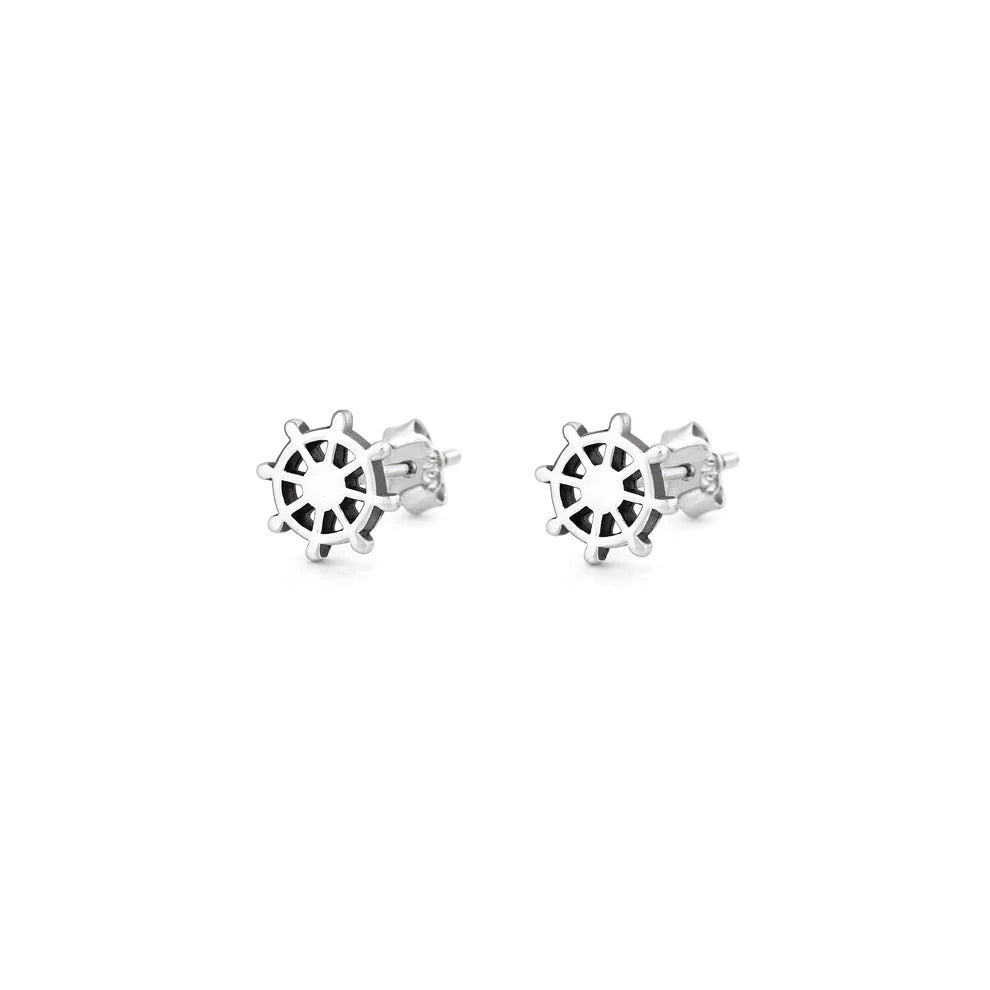 Sterling Silver Oxidized And Polished Nautical Ship Wheel Earrings