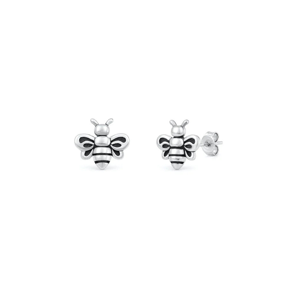 Sterling Silver Oxidized And Polished Bee Earrings