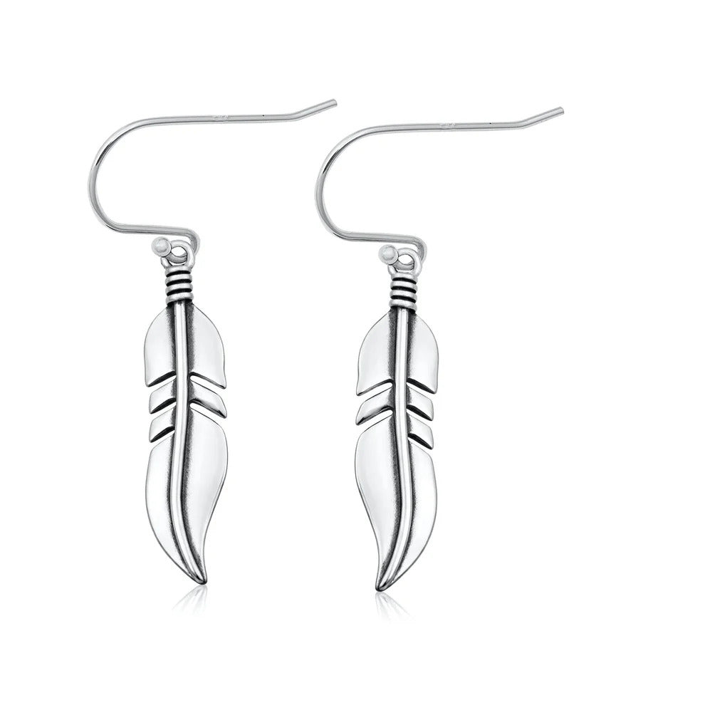 Sterling Silver Oxidized And Polished 26.5mm Feather Earrings
