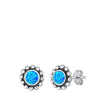 Load image into Gallery viewer, Sterling Silver Oxidized And Polished Round Blue Lab Opal Earrings