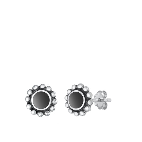 Sterling Silver Oxidized 9mm Round Black Agate Stone Earrings
