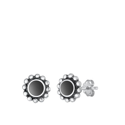 Sterling Silver Oxidized 9mm Round Black Agate Stone Earrings
