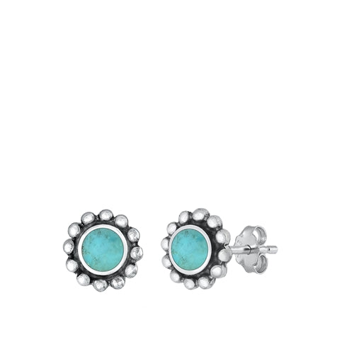 Sterling Silver Oxidized 9mm Round Genuine Turquoise Stone Earrings