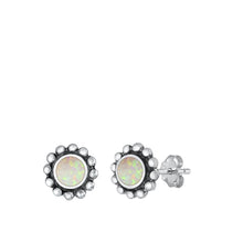 Load image into Gallery viewer, Sterling Silver Oxidized Round White Lab Opal Earrings