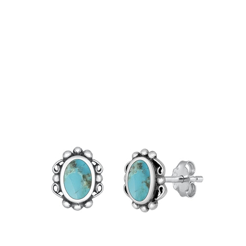 Sterling Silver Oxidized And Polished 9.6mm Genuine Turquoise Earrings