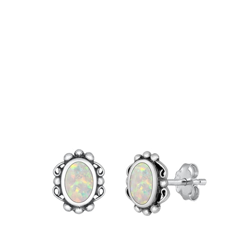 Sterling Silver Oxidized Oval White Lab Opal Earrings