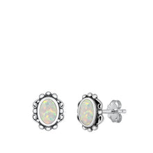 Load image into Gallery viewer, Sterling Silver Oxidized Oval White Lab Opal Earrings