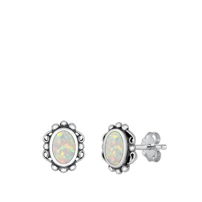 Sterling Silver Oxidized Oval White Lab Opal Earrings