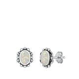 Sterling Silver Oxidized Oval White Lab Opal Earrings