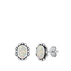 Sterling Silver Oxidized Oval White Lab Opal Earrings