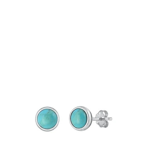 Sterling Silver Oxidized And Polished Round Genuine Turquoise Earrings