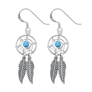 Sterling Silver Oxidized Dreamcatcher Genuine Turquoise Stone Earrings