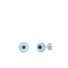 Load image into Gallery viewer, Sterling Silver Rhodium Plated Mother Of Pearl Evil Eye Stone Earrings
