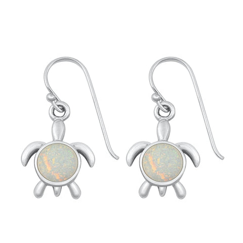 Sterling Silver Rhodium Plated White Lab Opal Turtle Earring