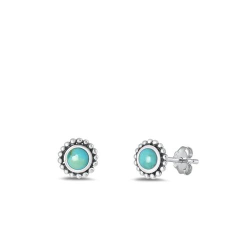 Sterling Silver Oxidized And Polished Round Genuine Turquoise Stone Earrings